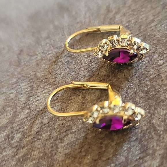 Vtg Magenta Marquis Crystal Colonial Bridal Leverback Hook Earrings - Picture 4 of 4